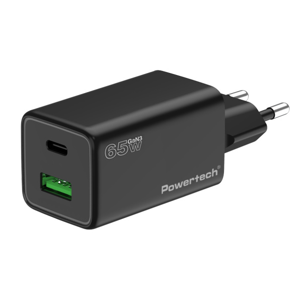 Alternative view of POWERTECH φορτιστής τοίχου PT-1501, USB/USB-C, 65W, GaN, μαύρος