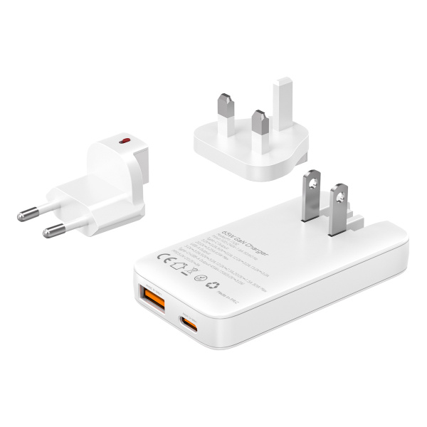 Alternative view of POWERTECH φορτιστής τοίχου PT-1532, EU/UK/CN βύσμα, USB/USB-C, 65W, GaN, λευκός