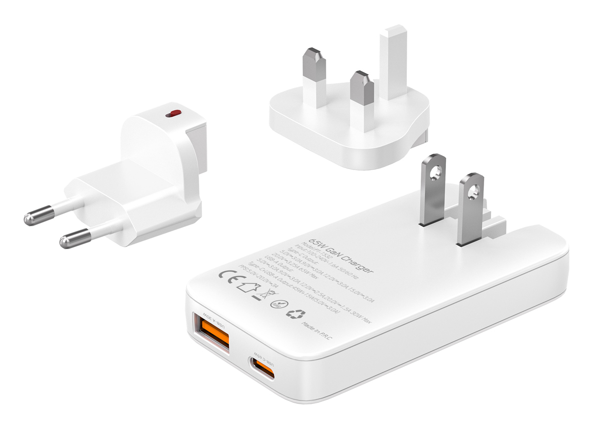 POWERTECH φορτιστής τοίχου PT-1532, EU/UK/CN βύσμα, USB/USB-C, 65W, GaN, λευκός - Image 2