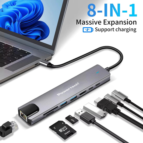 Alternative view of POWERTECH docking station PT-1537, 8 θυρών, USB-C σύνδεση, 100W PD, 1000Mbps, γκρι