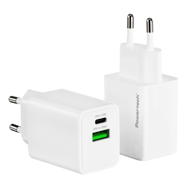 Alternative view of POWERTECH φορτιστής τοίχου PT-1551, USB/USB-C, 45W, GaN, AVS, λευκός