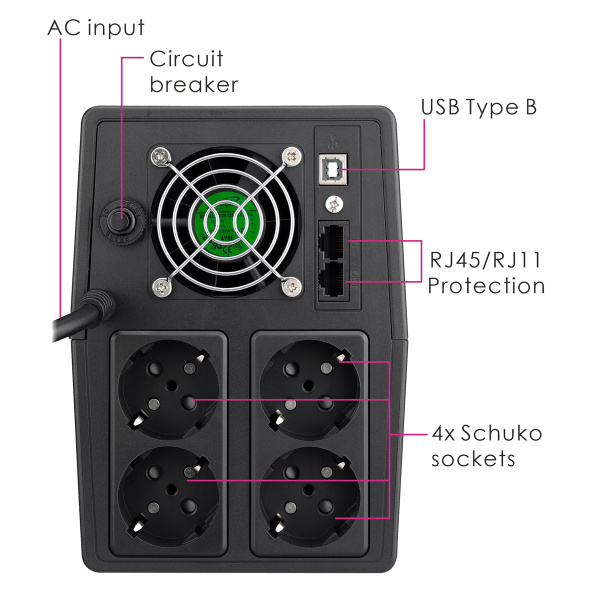 Alternative view of POWERTECH UPS Line Interactive PT-1800LCD με οθόνη, 1800VA, 1080W, 4x Schuko, 2x RJ45/RJ11, USB Type B