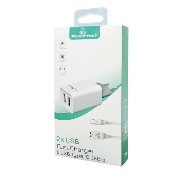 Alternative view of POWERTECH φορτιστής τοίχου PT-776 με καλώδιο USB-C, 2x USB, 2.1A, λευκό
