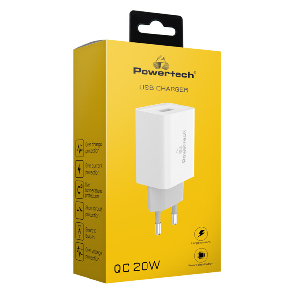Alternative view of POWERTECH φορτιστής τοίχου PT-780, USB QC 3.0, 20W, 4A, λευκός