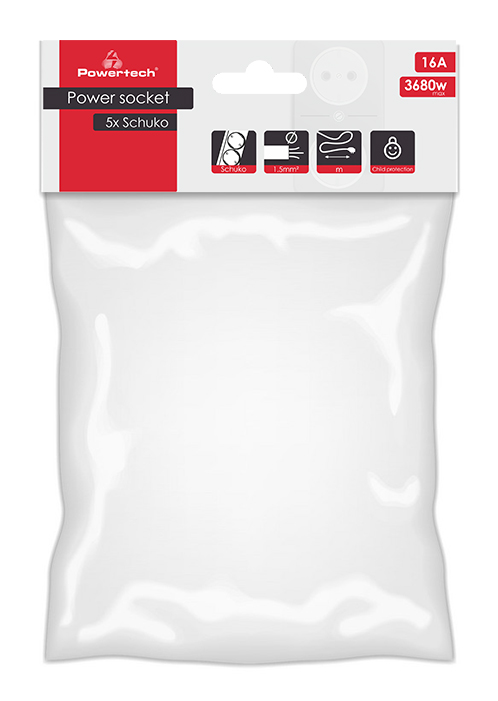 POWERTECH πολύπριζο PT-872, 5x schuko, 16A, 3m, μαύρο - Image 2