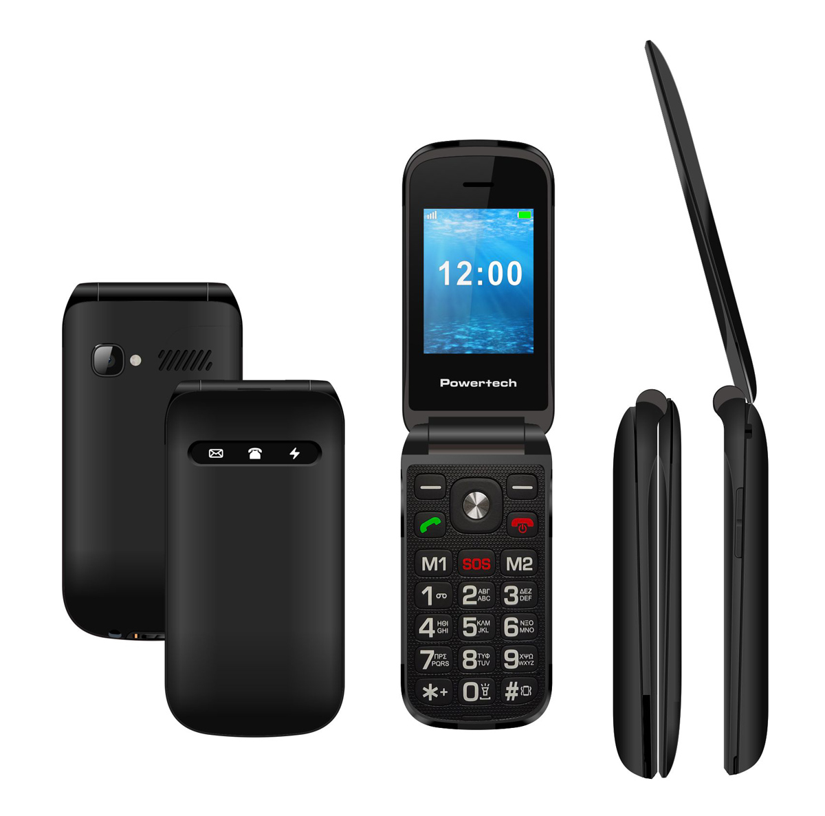 POWERTECH κινητό τηλέφωνο Milly Flip V2, 2.4", dual SIM, πλήκτρο SOS, μαύρο - Image 2