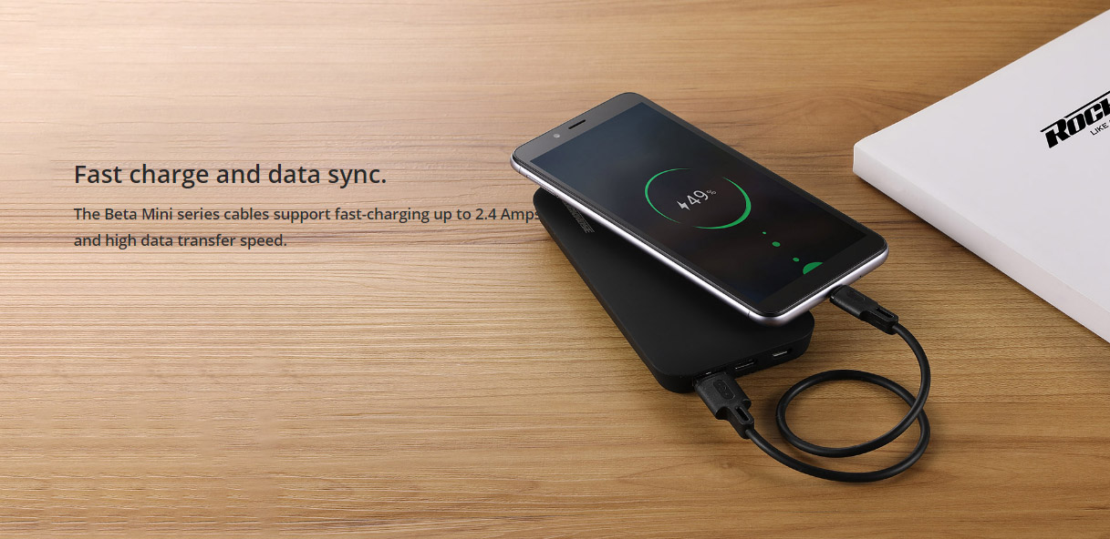 ROCKROSE καλώδιο USB σε Micro USB Beta AM Mini, 2.4A, 30cm, μαύρο - Image 2