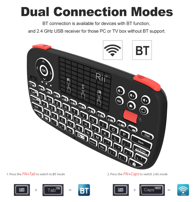 RIITEK ασύρματο mini πληκτρολόγιο i4, backlit, Bluetooth & 2.4GHz, μαύρο - Image 7