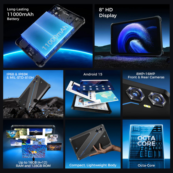 Alternative view of OUKITEL tablet RT3 Plus, 8", 4/128GB, 4G, 11000mAh, IP68/IP69K, μαύρο