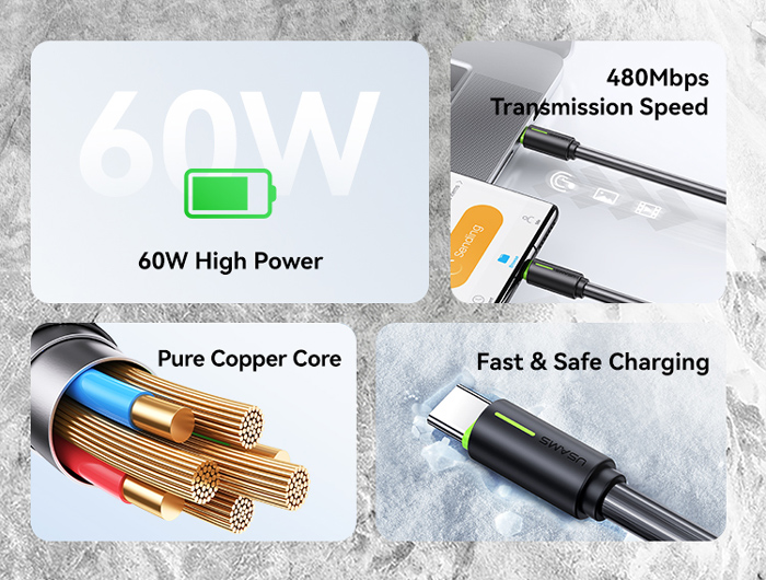 USAMS καλώδιο USB-C US-SJ734, 60W, 480Mbps, 1m, μαύρο - Image 2