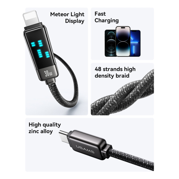 Alternative view of USAMS καλώδιο Lightning σε USB-C SJ743, 30W, 480Mbps, 1.2m, μαύρο