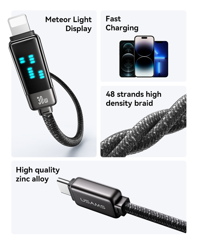 USAMS καλώδιο Lightning σε USB-C SJ743, 30W, 480Mbps, 1.2m, μαύρο - Image 2