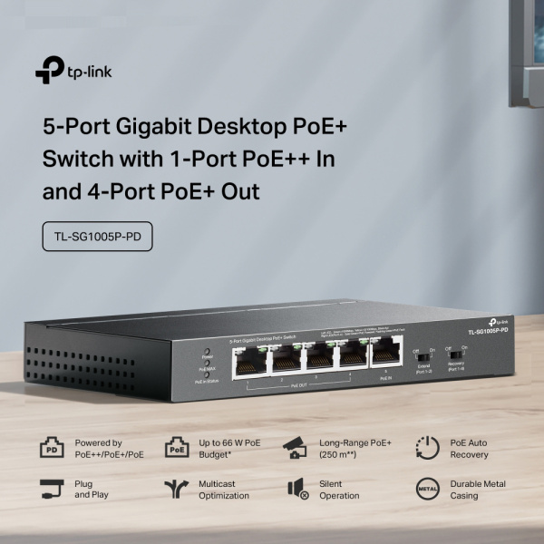 Alternative view of TP-LINK desktop switch TL-SG1005P-PD, 5x Gigabit θύρες, PoE+, UN/1.0