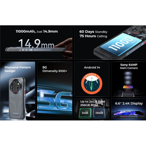 Alternative view of OUKITEL smartphone WP35, 6.6", 8/256GB, 5G, 11000mAh, IP68/IP69K, γκρι