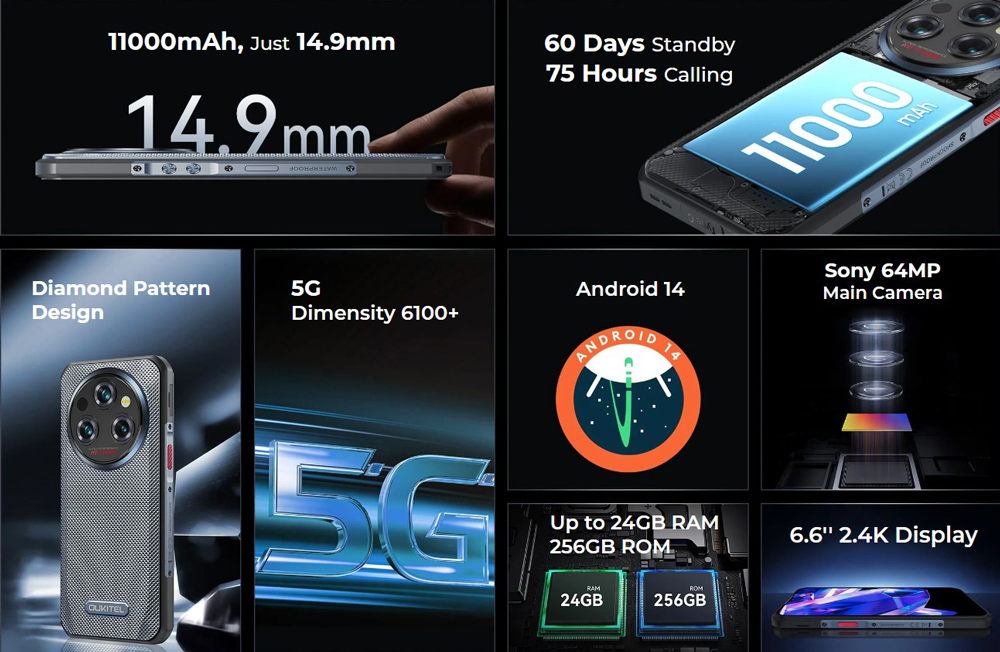 OUKITEL smartphone WP35, 6.6", 8/256GB, 5G, 11000mAh, IP68/IP69K, γκρι - Image 2