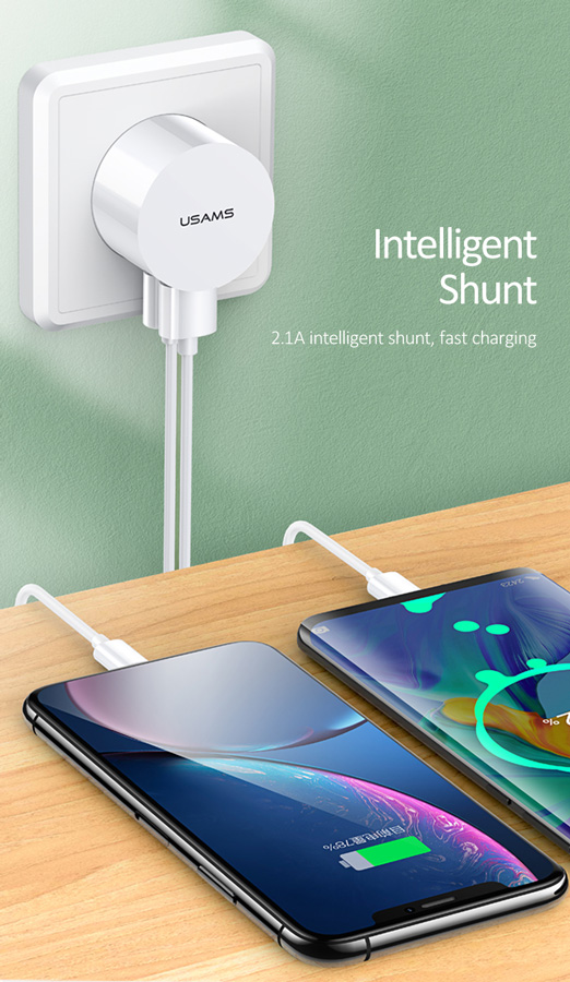 USAMS φορτιστής τοίχου T20 & καλώδιο Lightning, 2x USB, 2.1A, λευκός - Image 2