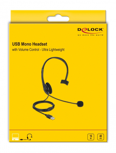 DELOCK headphones με μικρόφωνο 27177, mono, USB, volume control, μαύρα - Image 3
