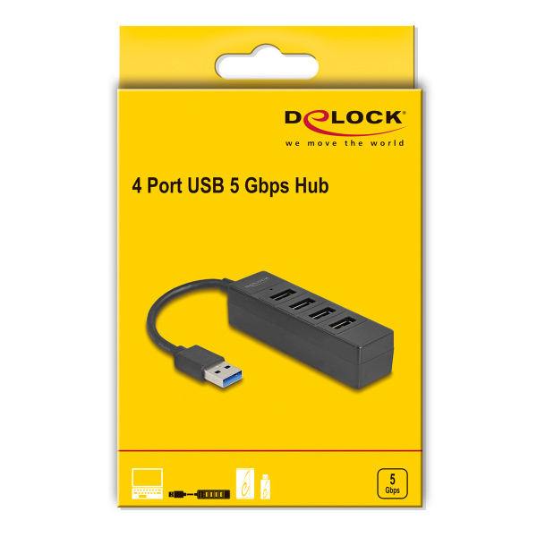 Alternative view of DELOCK USB hub 64350, 4x θυρών, USB 3.0, 5Gbps, USB σύνδεση, μαύρος