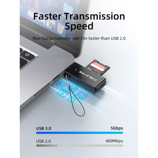 Alternative view of CABLETIME card reader CT-ASD3-PB για SD & micro SD, USB, 5Gbps, μαύρο