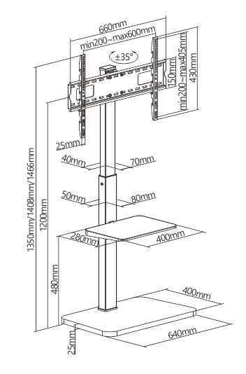 BRATECK βάση τηλεόρασης δαπέδου FS32-46, 37-75", έως 40kg, με ράφι - Image 7
