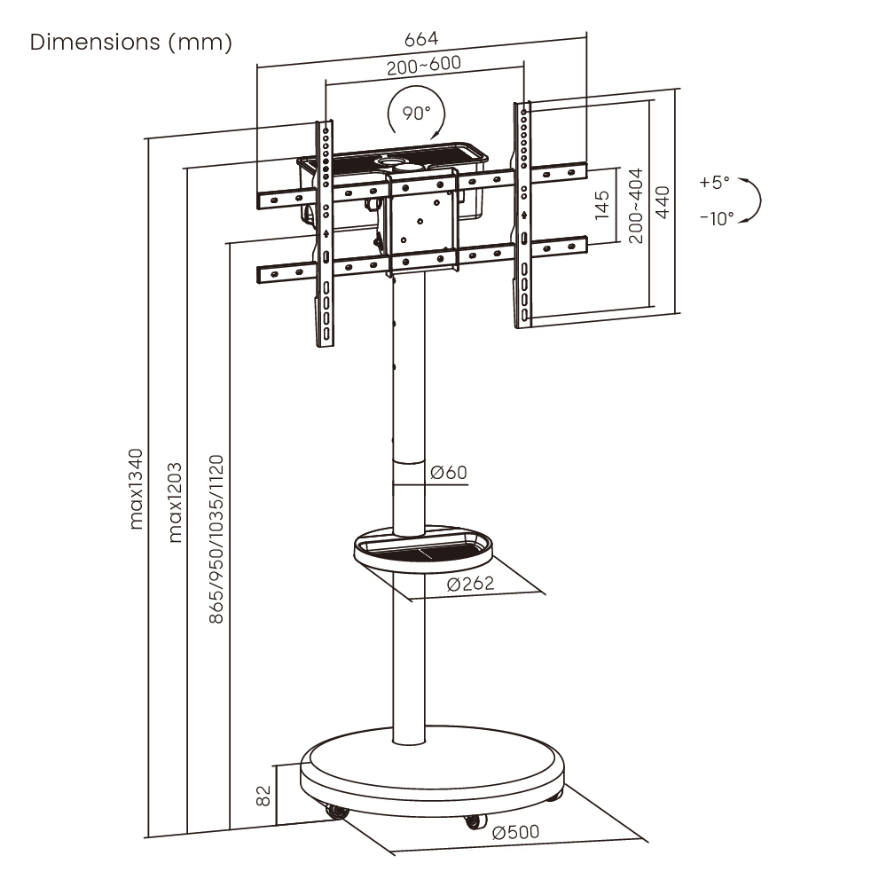 BRATECK βάση τηλεόρασης δαπέδου FS38-46TWE, 37-86", έως 50kg, με ράφι & cable management, ροδάκια, μαύρη - Image 6