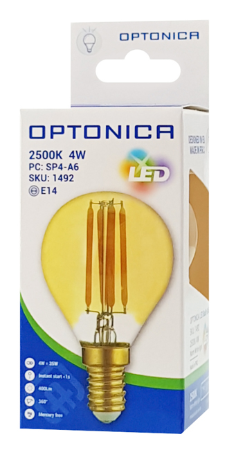 OPTONICA LED λάμπα G45 Filament 1492, 4W, 2500K, E14, 400lm - Image 2