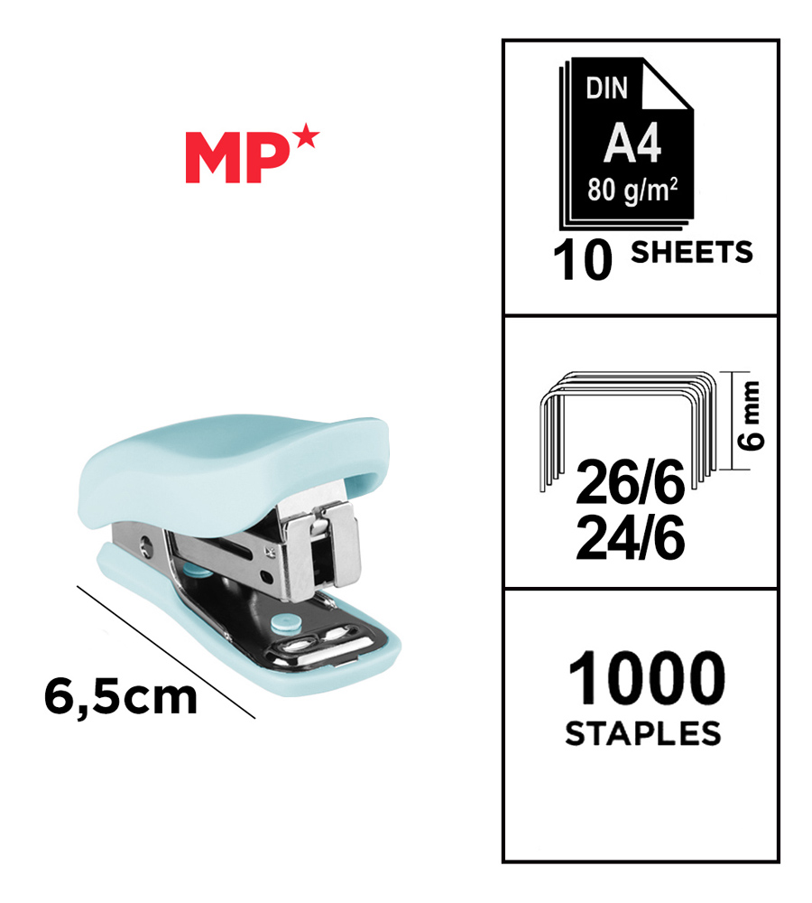 MP mini συρραπτικό PA636P με ανταλλακτικά, 24/6 - 26/6, 10 φύλλα, γαλάζιο - Image 2
