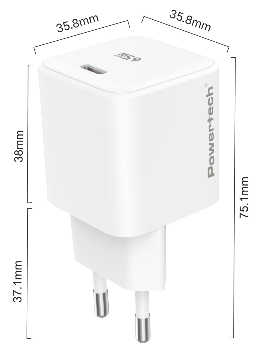 POWERTECH φορτιστής τοίχου PT-1577 με καλώδιο, USB-C, 65W, GaN, AVS, λευκός - Image 4