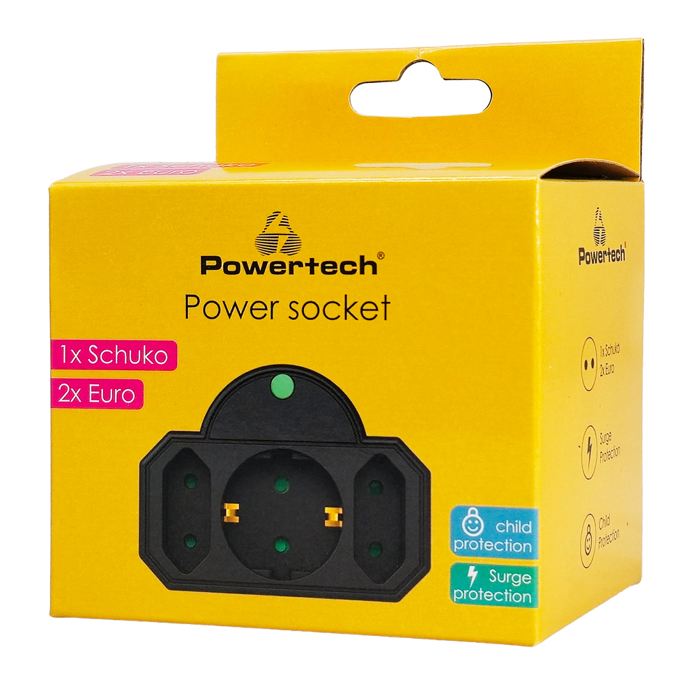 POWERTECH αντάπτορας ρεύματος PT-817 με προστασία υπέρτασης, 1x schuko, 2x euro, 16A, μαύρος - Image 2