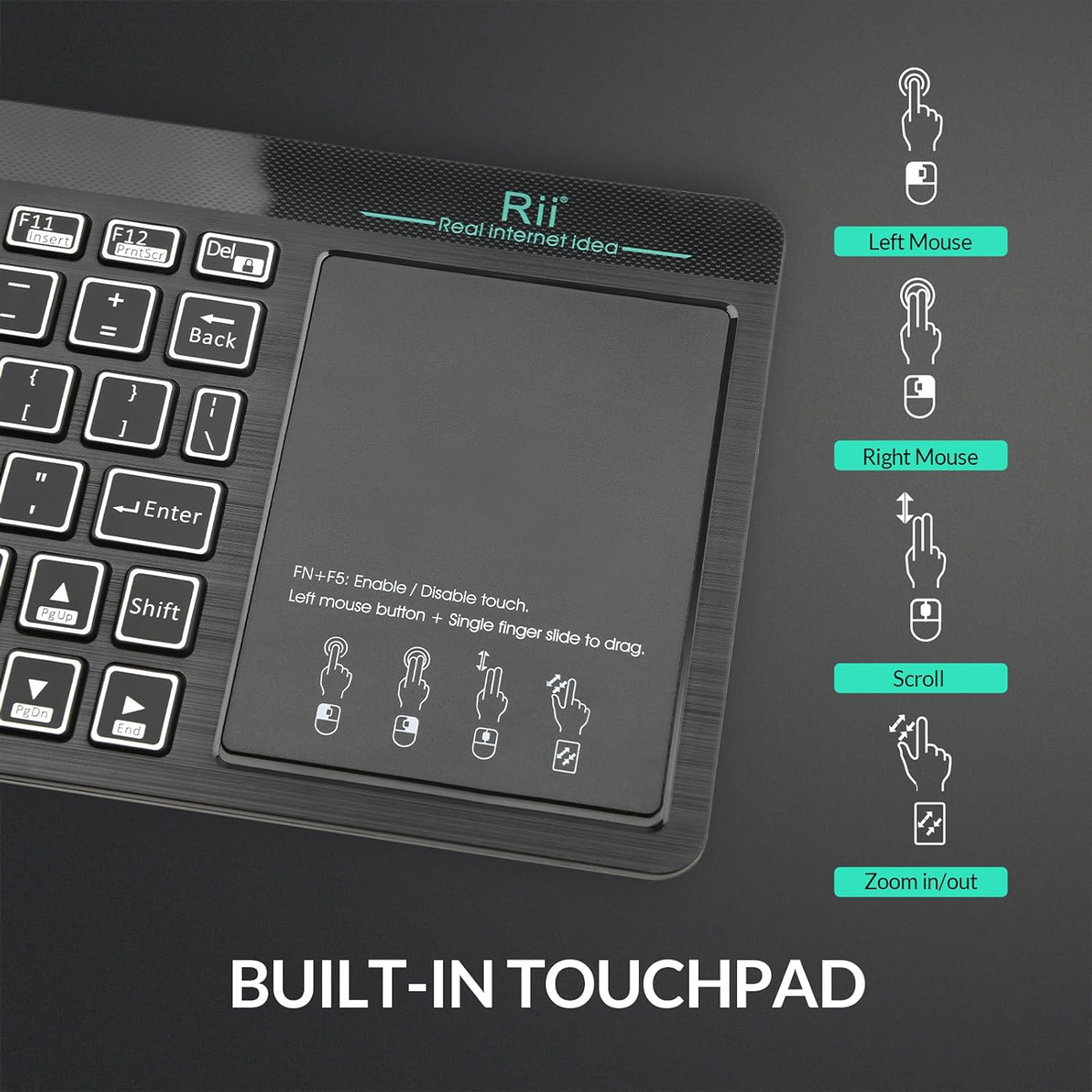 RIITEK ασύρματο πληκτρολόγιο Mini K18S με touchpad, RGB backlit, 2.4GHz & Bluetooth - Image 3