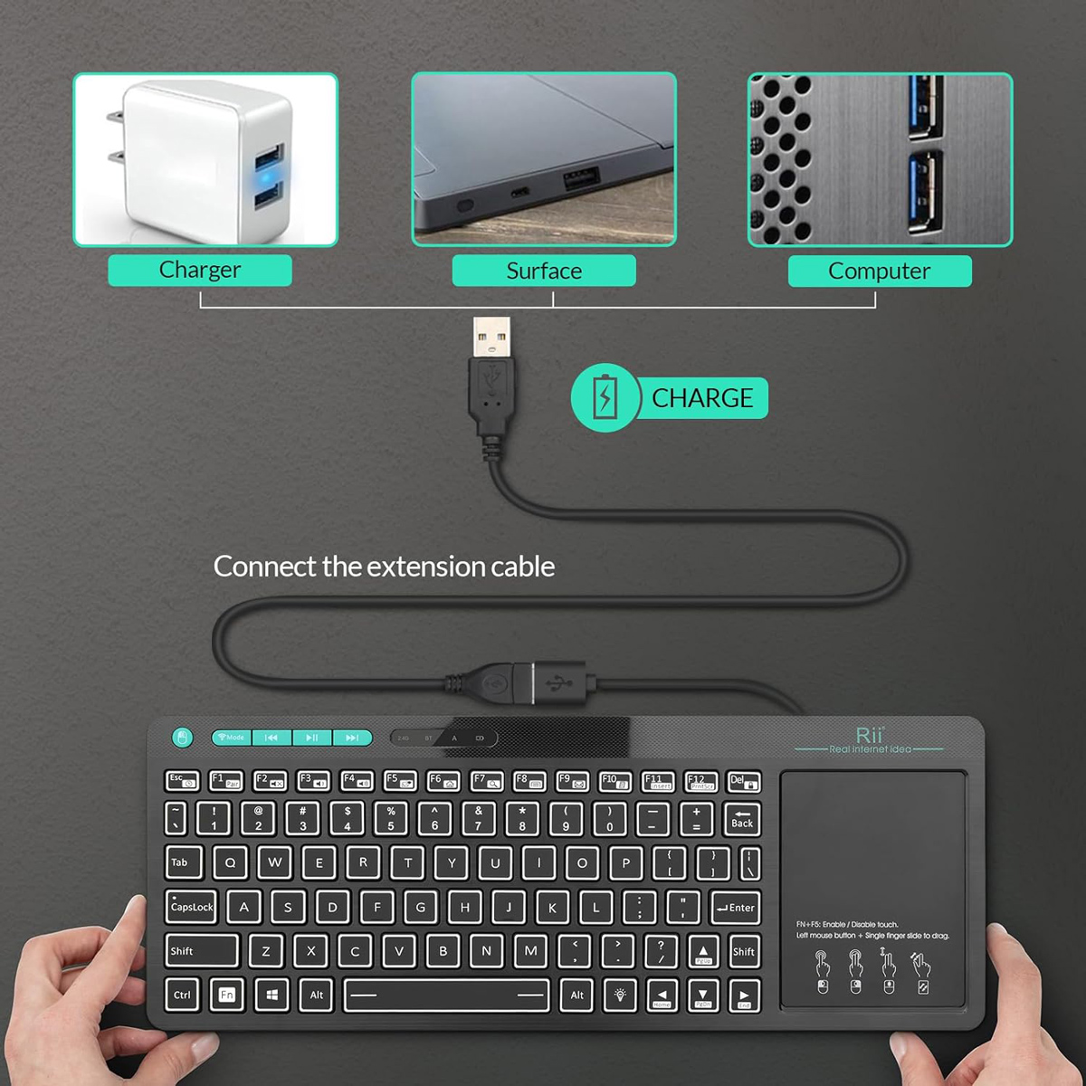RIITEK ασύρματο πληκτρολόγιο Mini K18S με touchpad, RGB backlit, 2.4GHz & Bluetooth - Image 6