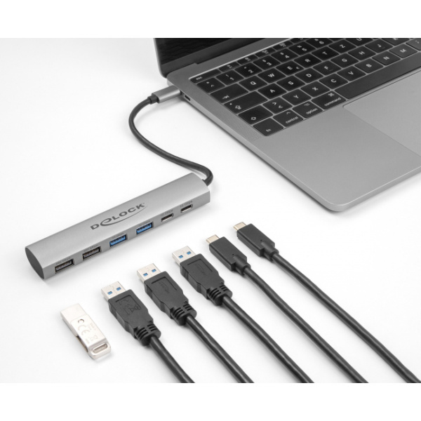 Alternative view of DELOCK USB hub 64232, 6x θυρών, 10Gbps, USB-C σύνδεση, γκρι