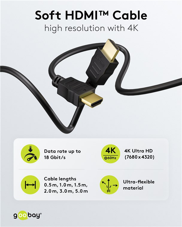 GOOBAY καλώδιο HDMI 80104 με Ethernet, soft, 4K/60Hz, 18 Gbps, 3m, μαύρο - Image 3