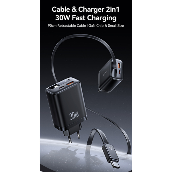 Alternative view of USAMS φορτιστής τοίχου CC296 με καλώδιο, USB & USB-C, 30W, μαύρος