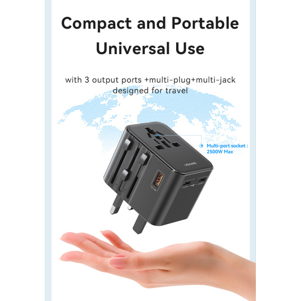 Alternative view of USAMS φορτιστής/αντάπτορας πρίζας CC309, USB & 2x USB-C, universal, 25W, μαύρος