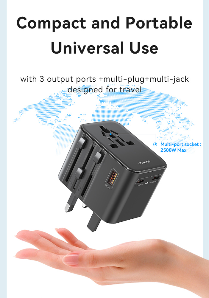 USAMS φορτιστής/αντάπτορας πρίζας CC309, USB & 2x USB-C, universal, 25W, μαύρος - Image 2