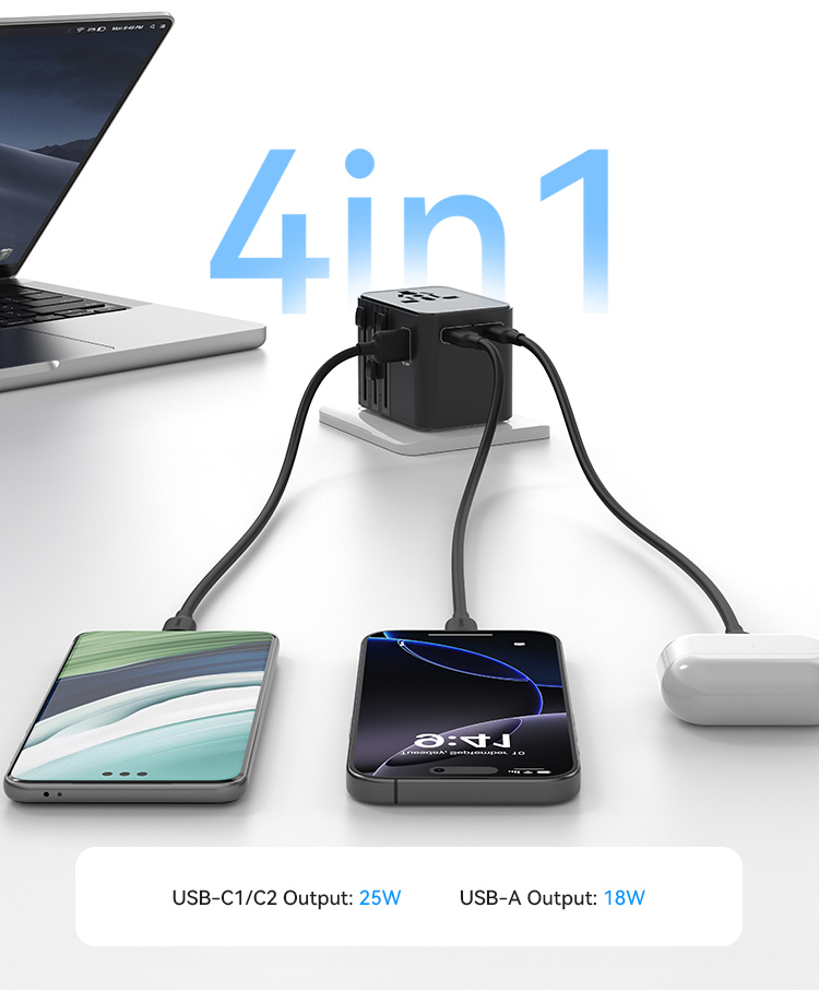 USAMS φορτιστής/αντάπτορας πρίζας CC309, USB & 2x USB-C, universal, 25W, μαύρος - Image 3