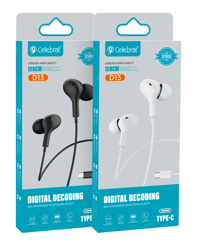 CELEBRAT earphones με μικρόφωνο D13, USB-C σύνδεση, Φ10mm, 1.2m, λευκά - Image 3
