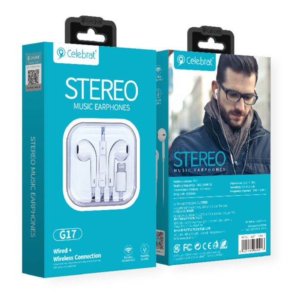 Alternative view of CELEBRAT earphones με μικρόφωνο G17, Lightning, Φ14mm, 1.2m, λευκά
