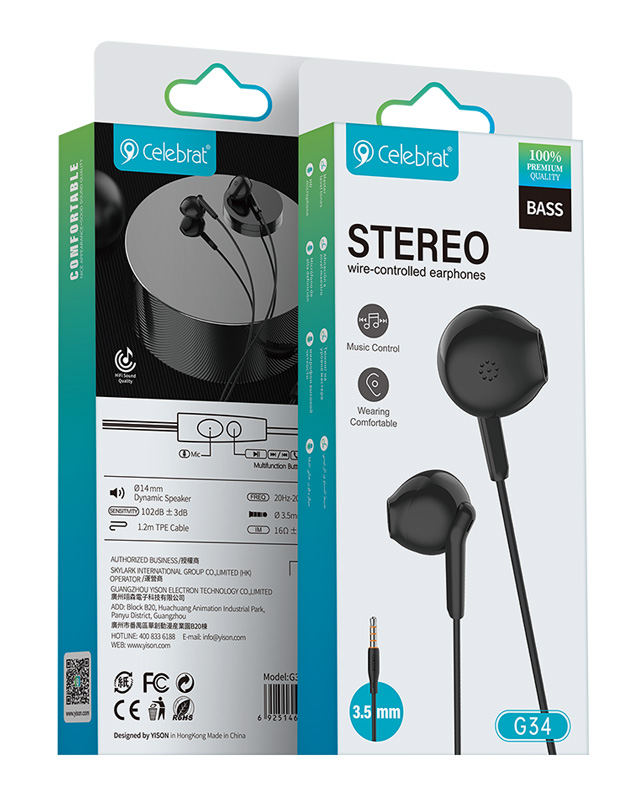 CELEBRAT earphones με μικρόφωνο G34, 3.5mm σύνδεση, 14mm, 1.2m, μαύρα - Image 4