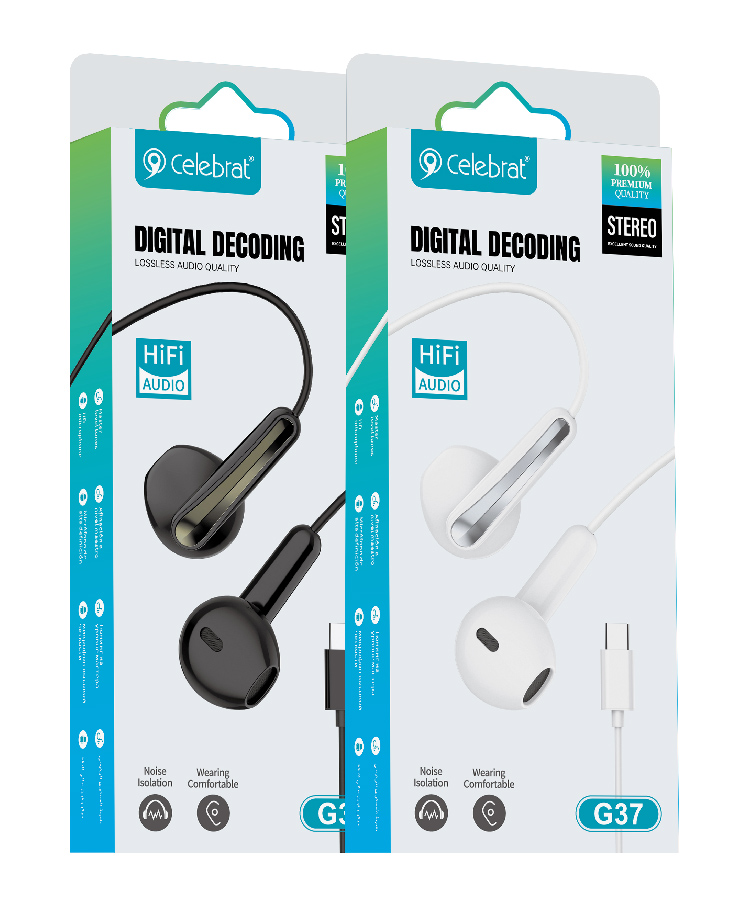 CELEBRAT earphones με μικρόφωνο G37, USB-C σύνδεση, 14.2mm, 1.2m, λευκά - Image 4