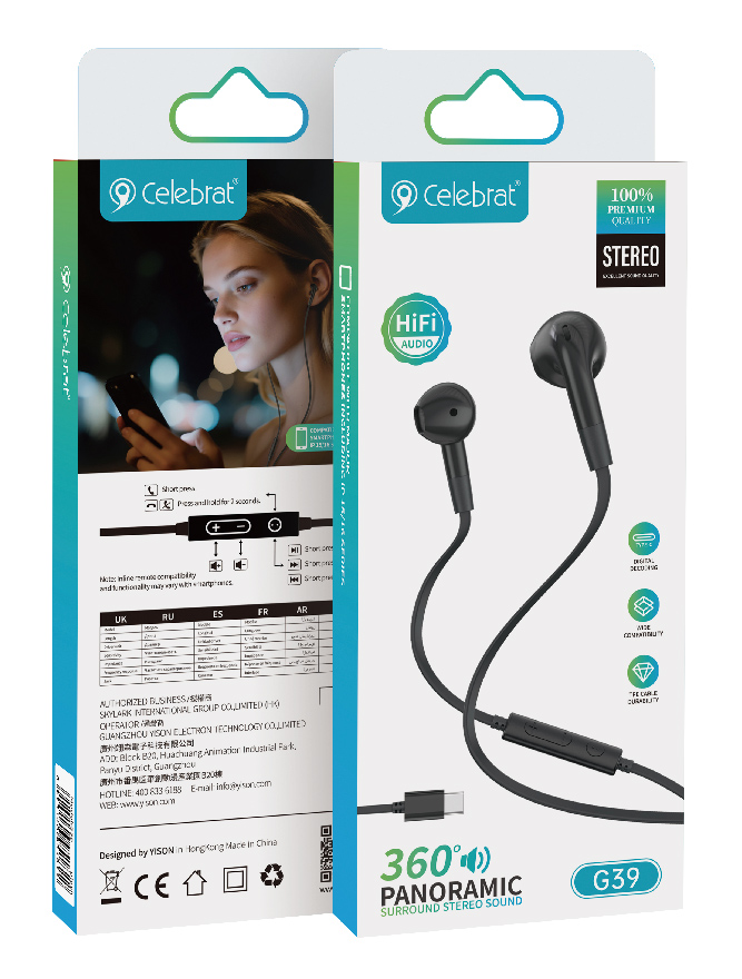 CELEBRAT earphones με μικρόφωνο G39, USB-C σύνδεση, 14mm, 1.2m, μαύρα - Image 6