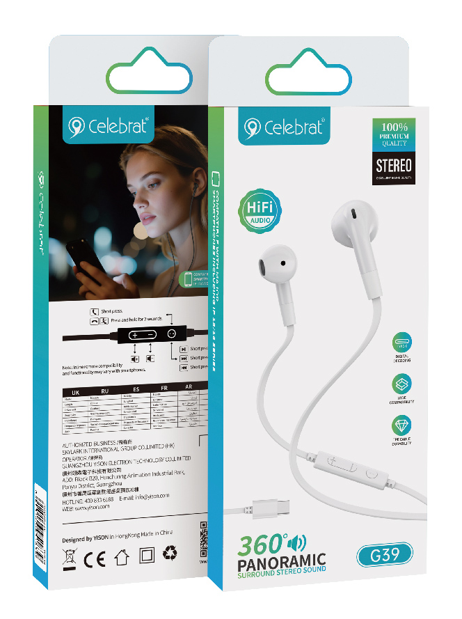 CELEBRAT earphones με μικρόφωνο G39, USB-C σύνδεση, 14mm, 1.2m, λευκά - Image 6