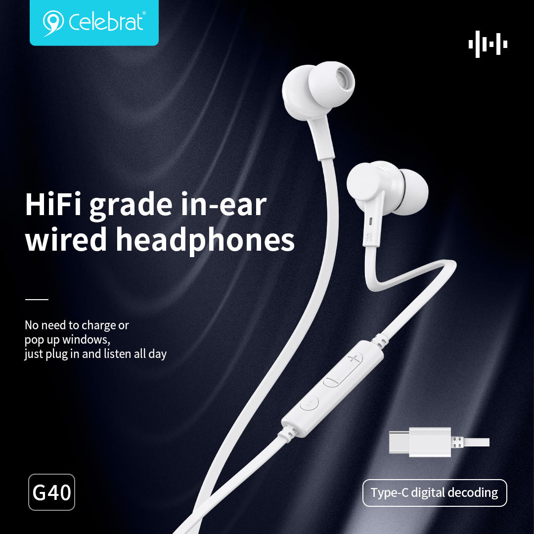 CELEBRAT earphones με μικρόφωνο G40, USB-C σύνδεση, 10mm, 1.2m, λευκά - Image 4