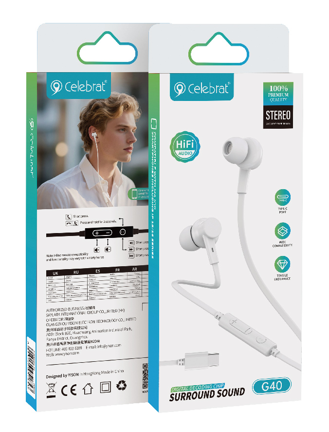 CELEBRAT earphones με μικρόφωνο G40, USB-C σύνδεση, 10mm, 1.2m, λευκά - Image 5