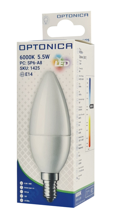 OPTONICA LED λάμπα C37 1425, 5.5W, 6000K, E14, 450lm - Image 3