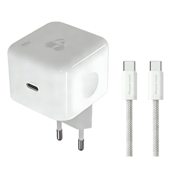 POWERTECH φορτιστής τοίχου PT-1581 με καλώδιο, USB-C, 40 έως 60W, GaN, AVS, λευκός