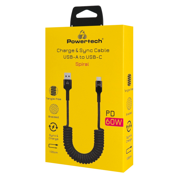 Alternative view of POWERTECH καλώδιο USB-C σε USB PTR-0197 με spiral καλώδιο, PD 60W, 480Mbps, 1m, μαύρο