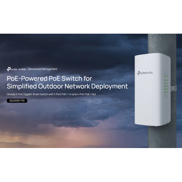 Alternative view of TP-LINK smart switch SG2005P-PD, 1x Gigabit PoE++ in/4x Gigabit PoE+ out, V1.0