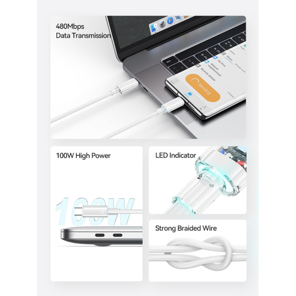 Alternative view of USAMS καλώδιο USB-C σε USB-C US-SJ660, 100W, 480Mbps, 1.2m, μαύρο